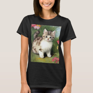 T-shirt Illustration vintage de chat avec Fleurs rouges