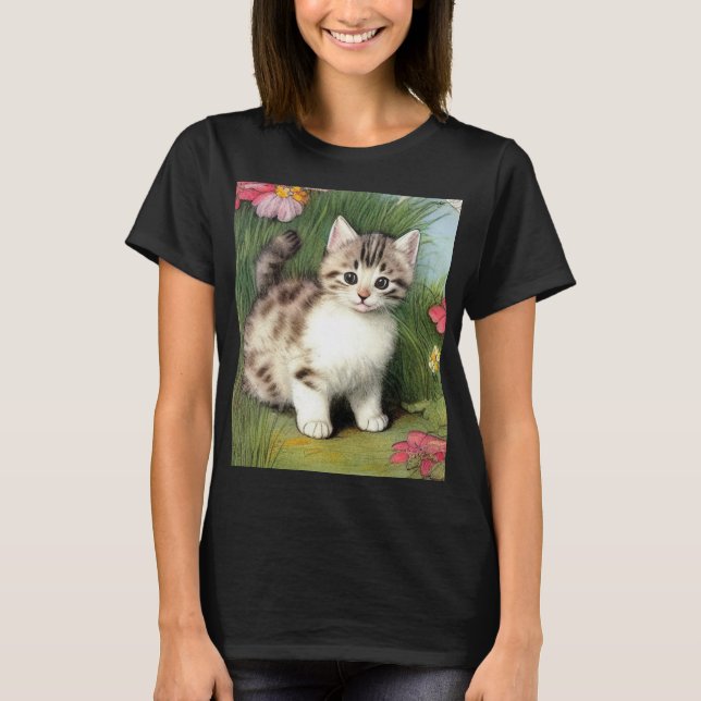 T-shirt Illustration vintage de chat avec Fleurs rouges (Devant)