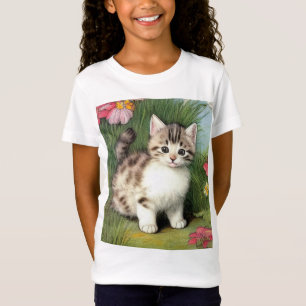 T-Shirt Illustration vintage de chat avec Fleurs rouges