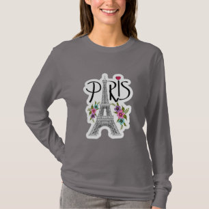 T-Shirt Illustré Fleurs Tour Eiffel Paris Élégant