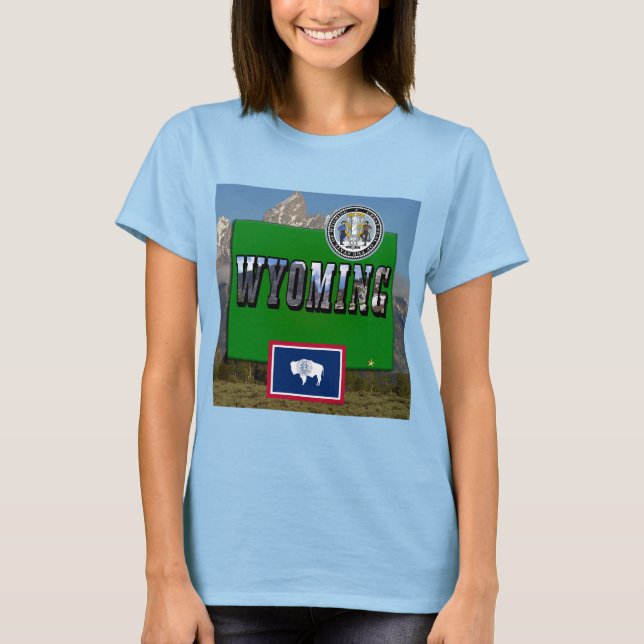 T-shirt Image et texte du Wyoming, carte, drapeau et sceau (Devant)