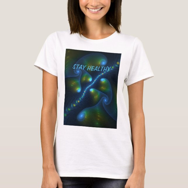T-shirt Imaginaire Abstrait Bleu Vert Jaune Fractal Texte (Devant)