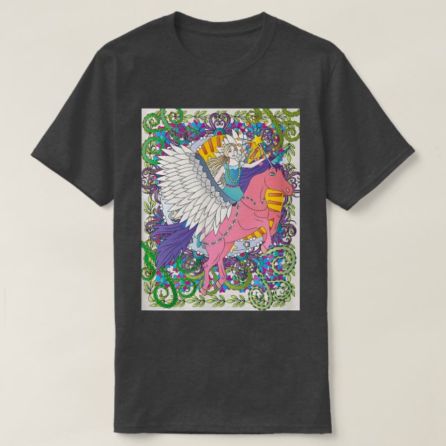 T-shirt Imaginaire blanc ailé licorne volant avec fée (Design devant)