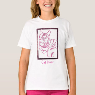 T-shirt Impression de chat rayé rose et blanc dans le cadr