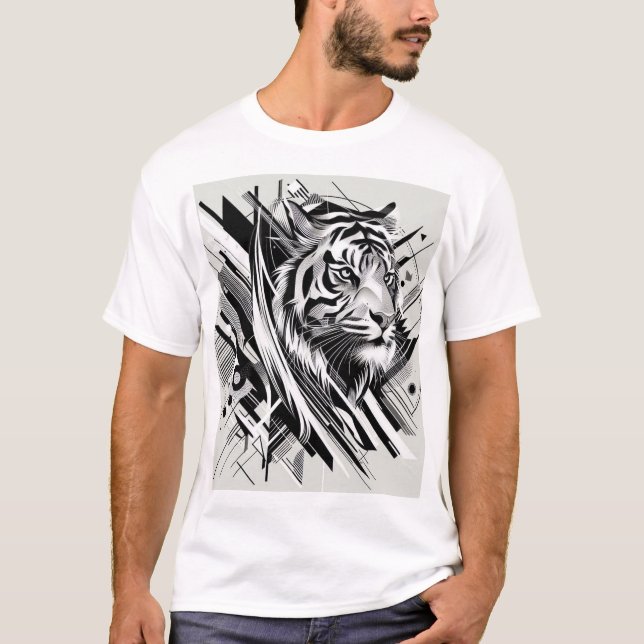 T-shirt Impression de tigre abstraite avec des formes géom (Devant)