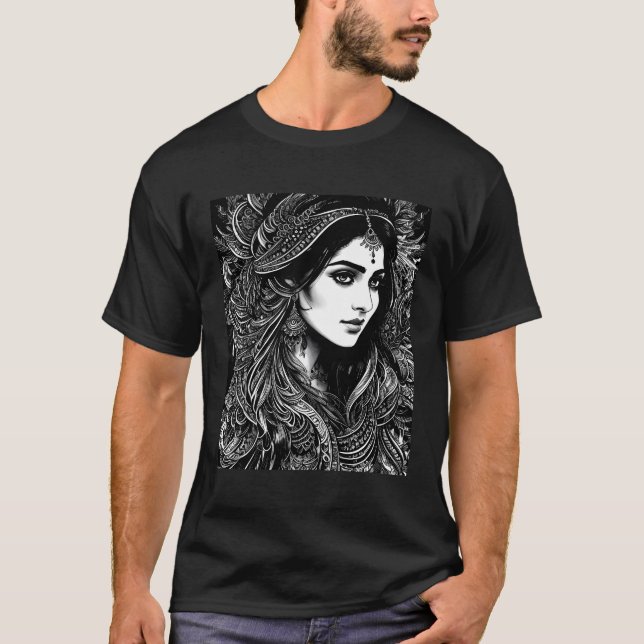 T-shirt Indien Noir Et Blanc Avec Motif Floral (Devant)