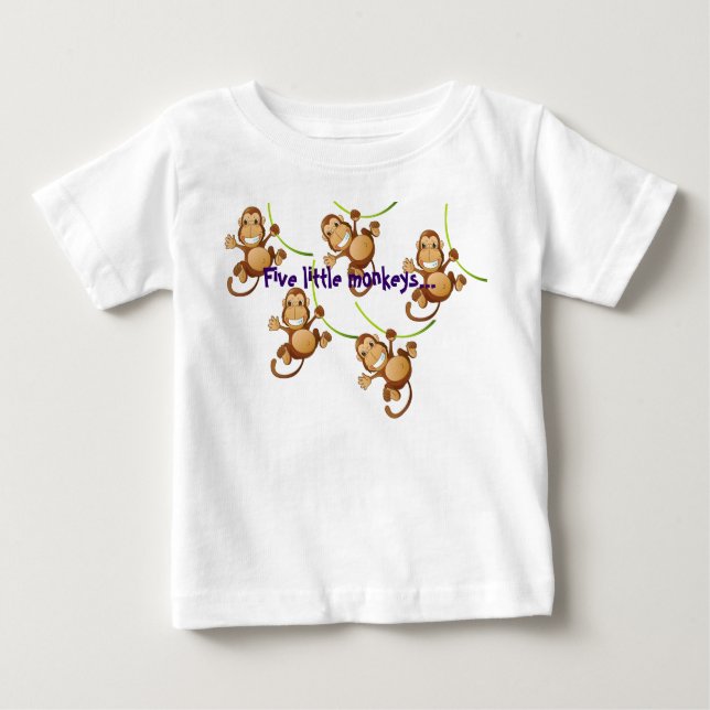 T-shirt infantile blanc avec cinq petits singes… (Devant)