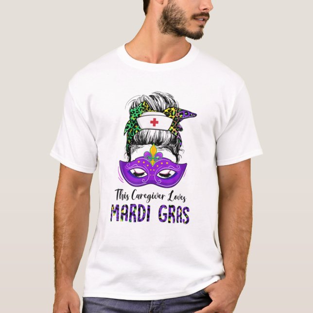 T-shirt Infirmière aidante Leopard Messy Bun Mardi Gras (Devant)