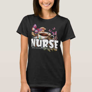T-shirt Infirmière : Coupe de café avec fleurs et papillon