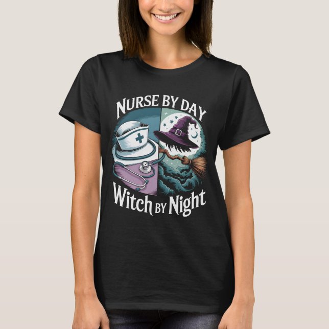 T-shirt Infirmière Drôle Par Sorcière De Jour Par Nuit Hal (Devant)