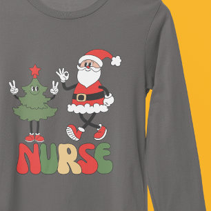 T-shirt Infirmière Noël Rétro Père Noël et Arbre