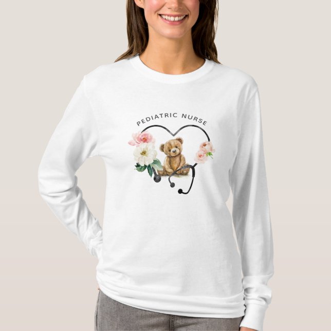 T-shirt Infirmière pédiatrique Teddy Ours Floral Stethosco (Devant)