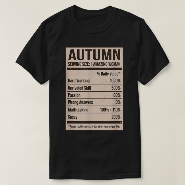 T-shirt Informations nutritionnelles d'automne Nom Surnom  (Design devant)