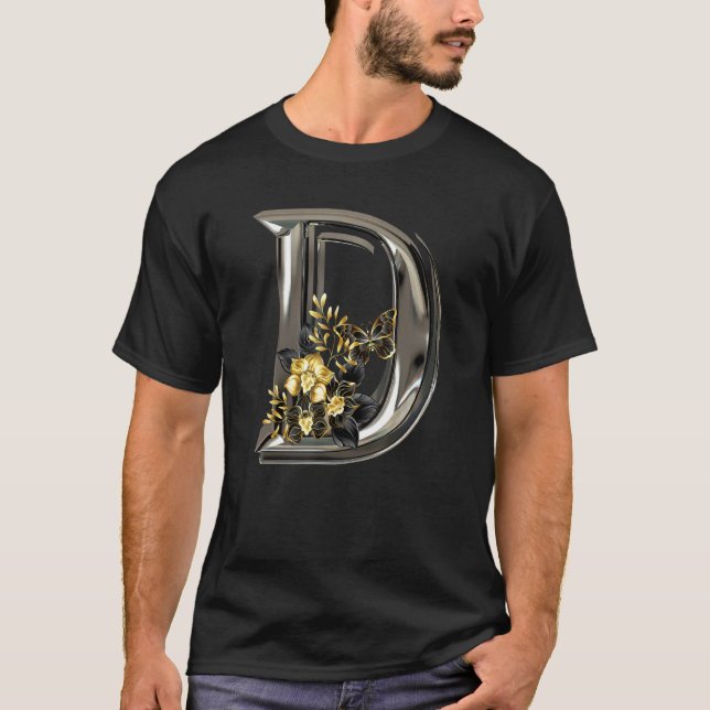 T-shirt Initial Letter D Monogram with Flowers and Butterf (Devant)