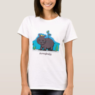 T-shirt Ippopotame drôle mignon avec dessin animé d'oiseau