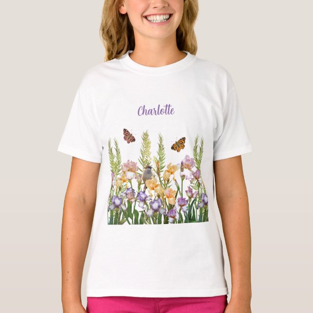 T-shirt Irises Belles Personnalisées, Papillons Oiseaux (Devant)