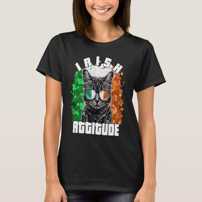 T-shirt Irish Attitude  Cat Sunglasses Ireland Flag (Devant)