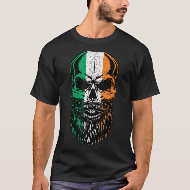 T-shirt Irish Flag Bearded Skull Head Saint Patrick's Day  (Devant)