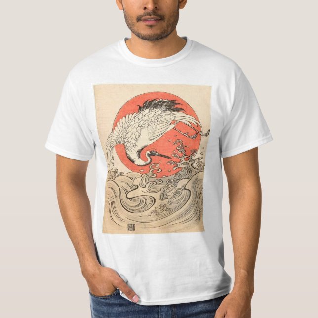 T-shirt Isoda Koryusai - grue, vagues et Soleil Levant (Devant)