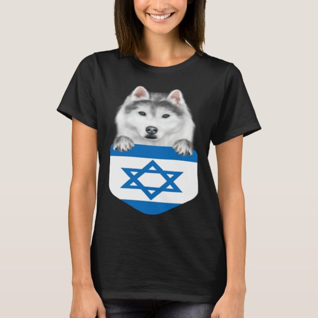 T-shirt Israel Flag Siberian Husky Dog In Pocket (Devant)