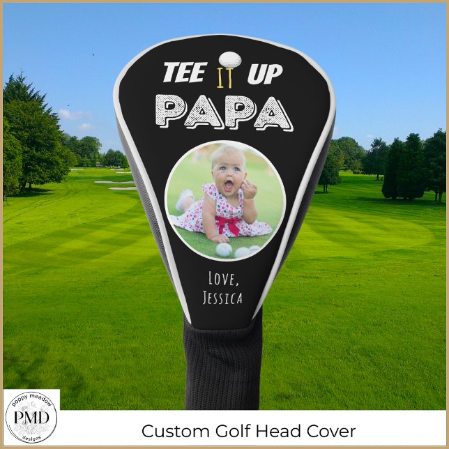 T-Shirt It up Papa Custom Foto Vathage Day Black Golf Headcover (Tee It Up Papa Custom Photo Father's Day Black Golf Head Cover with Child or Pet Photo, Names)