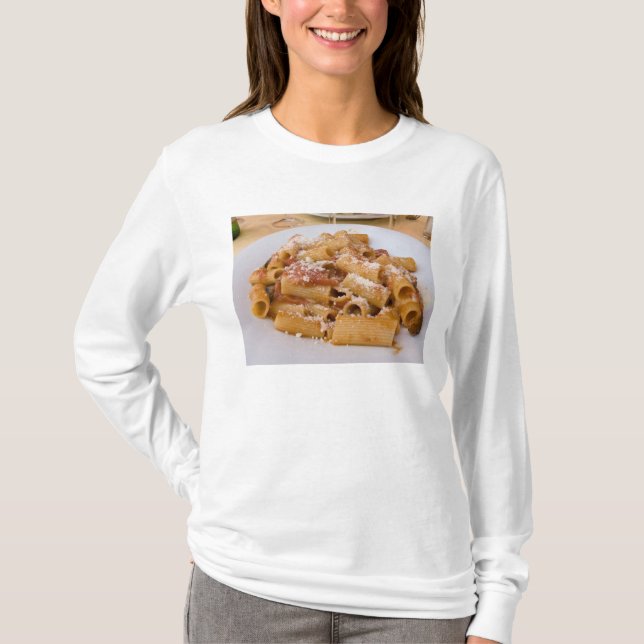 T-shirt Italie, Positano. Plaque d'affichage de rigatoni. (Devant)