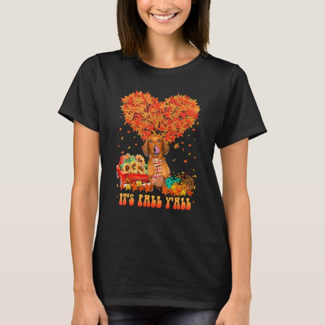 T-shirt It's Fall Y'all Dachshund Dog Pumpkin Autumn Tree  (Devant)
