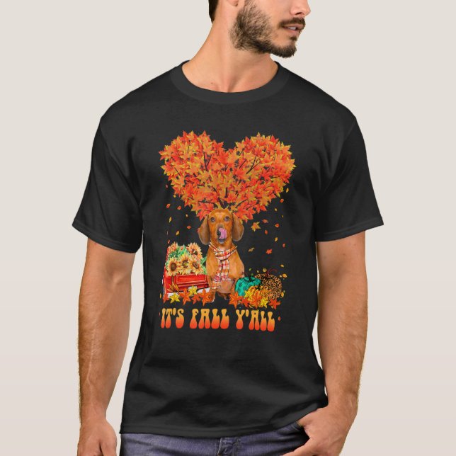 T-shirt It's Fall Y'all Dachshund Dog Pumpkin Autumn Tree  (Devant)