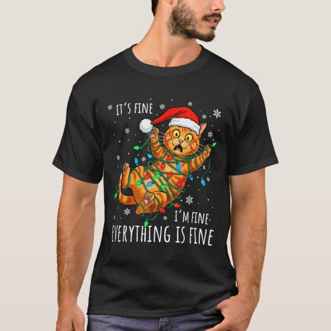 T-shirt It's Fine I'm Fine Orange Cat Christmas Light Funn (Devant)