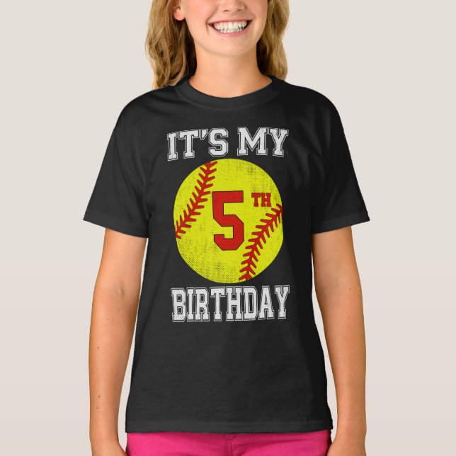 T-shirt It's My 5th Birthday Girl Softball 5 Year Old (Devant)
