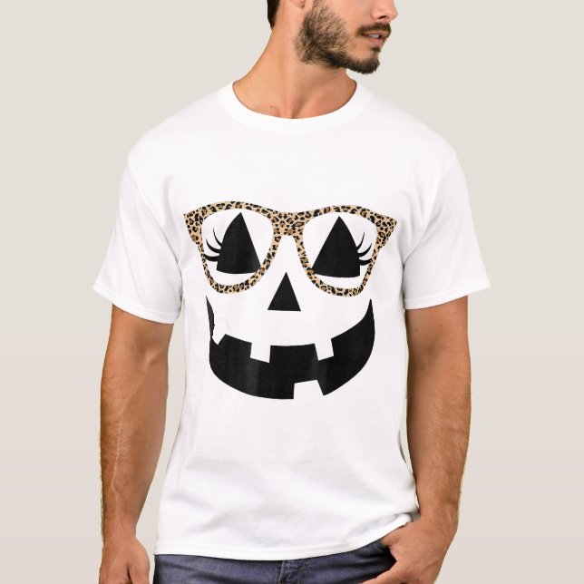 T-shirt Jack-o'-lantern Face Citrouille Hallowen Leopard (Devant)