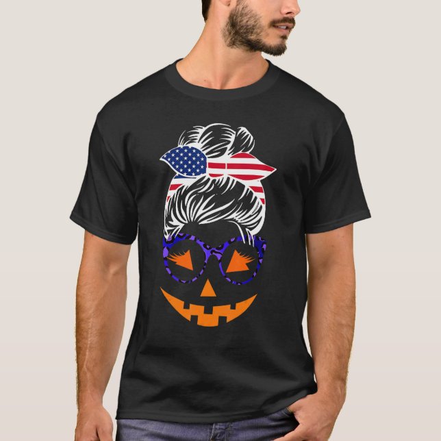 T-shirt Jack O Lantern Face Pumpkin Halloween Messy Bun (Devant)
