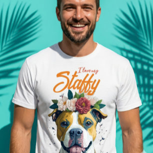 T-shirt J'adore mon Staffy Pitbull Couronne de Fleurs Amou