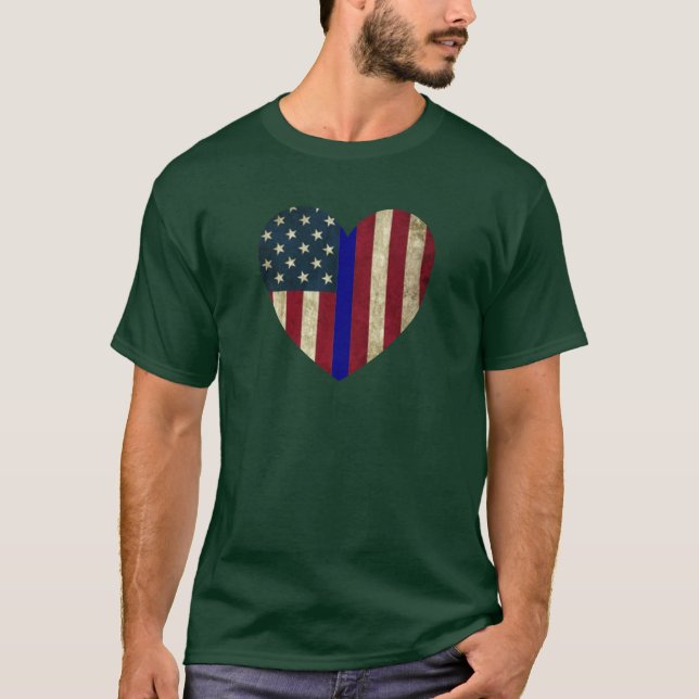 T-shirt J'adore Police Mince Ligne Bleue Drapeau Coeur Amé (Devant)