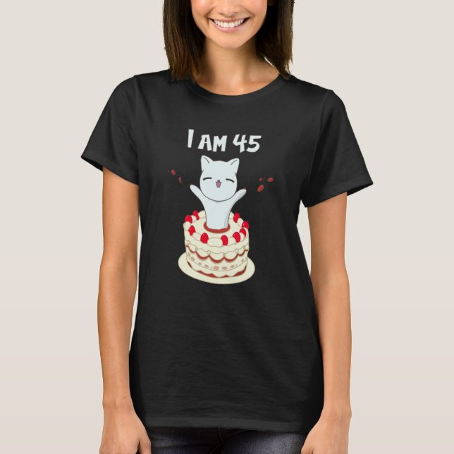 T-shirt J'ai 45 mignonne chaton avec gâteau d'anniversaire (Devant)