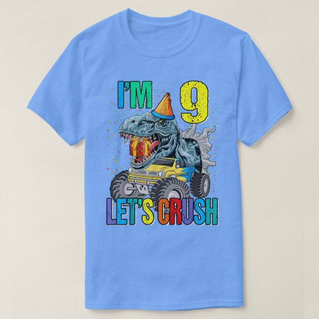 T-shirt J'ai 9 ans, écrasons le dinosaure de camion Monste (Design devant)