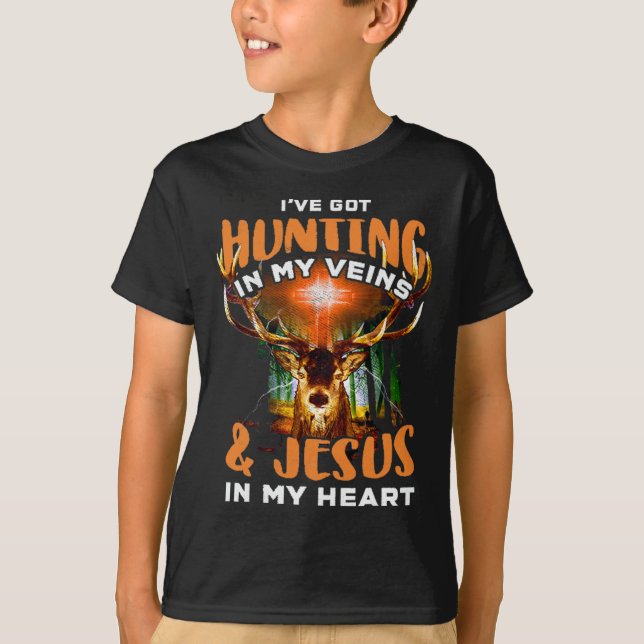 T-shirt J'Ai Chasse Dans Mes Veines Et Jésus Dans Mon Coeu (Devant)