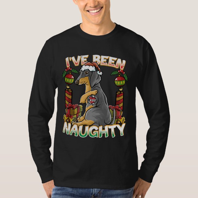 T-shirt J'Ai Été Mauvais Chien Dachshund Avec Le Père Noël (Devant)