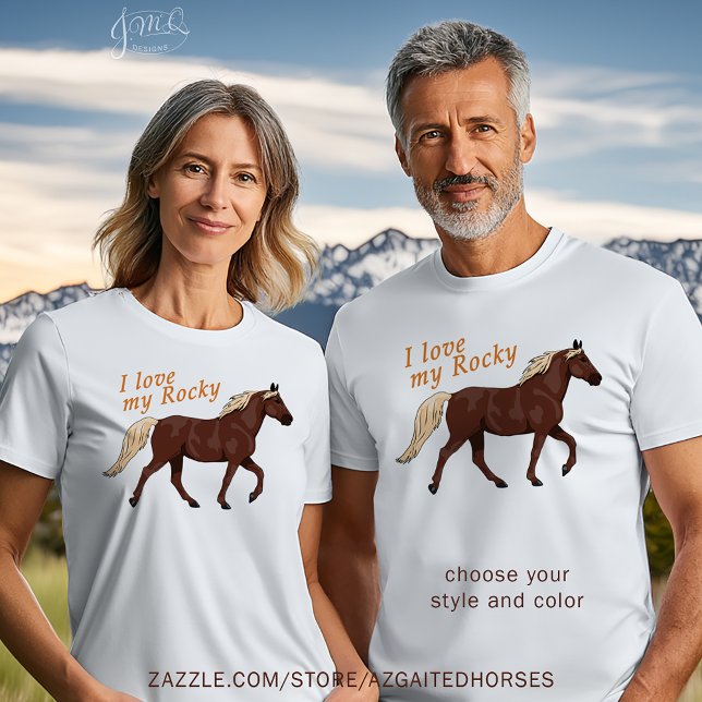 T-shirt J'Aime Mon Cheval Rocheux - Joli Cheval Gaited (Two people wearing white t-shirts with a brown horse illustration and the text “I love my Rocky.”)