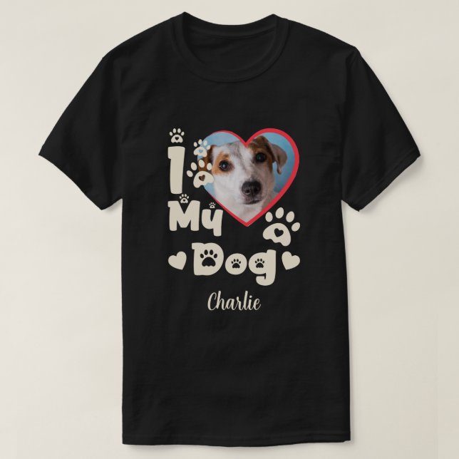 T-shirt J'aime mon coeur de chien Photo et nom personnalis (Design devant)