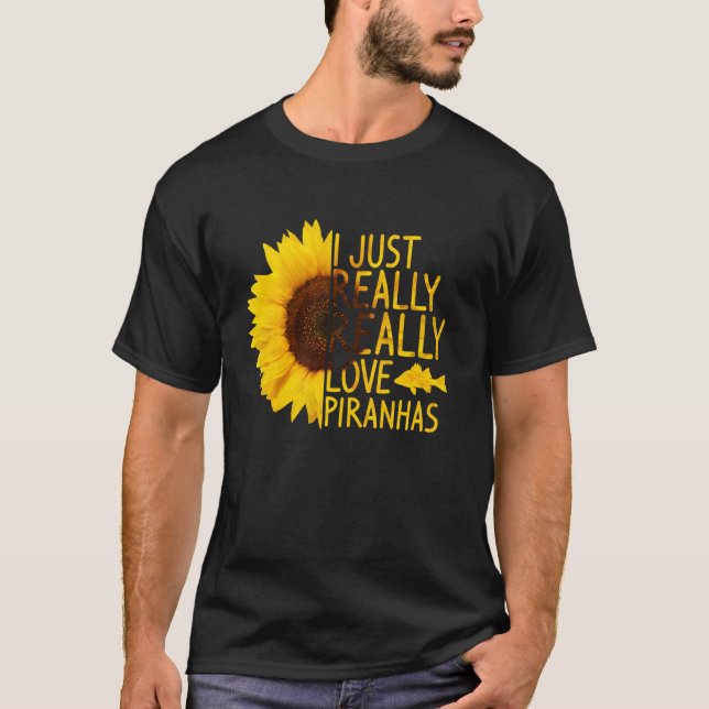 T-shirt J'Aime Vraiment Piranhas Femmes Hommes Poisson Sun (Devant)