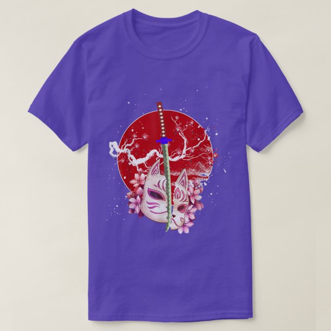 T-shirt Japan Anime Mask Kitsune Sakura Samurai Oni Monste (Design devant)