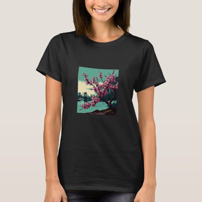 T-shirt Japanese Cherry Blossom tree river suspension brid (Devant)