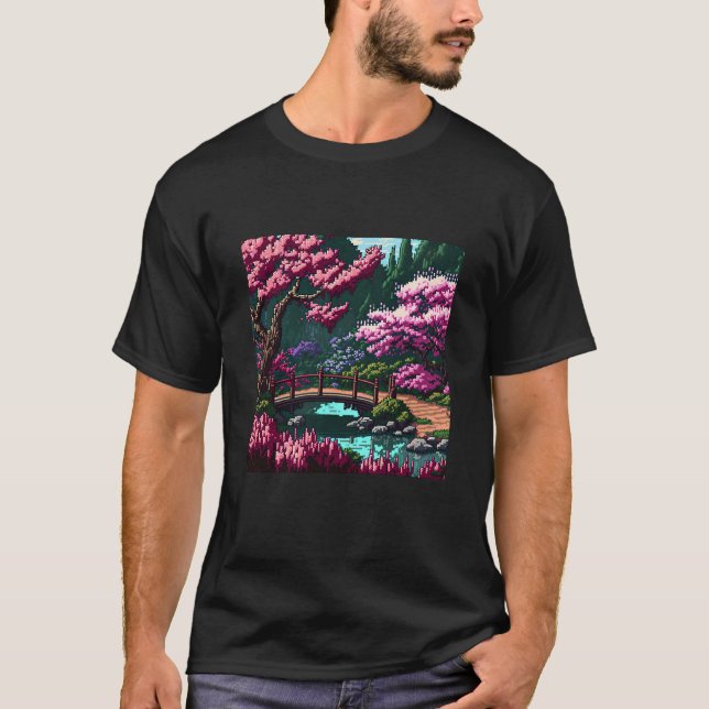 T-shirt Japanese Garden with Bridge Cherry Blossom 16bit V (Devant)