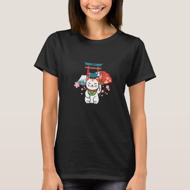 T-shirt Japanese Lucky Cat Sakura Torii   (Devant)