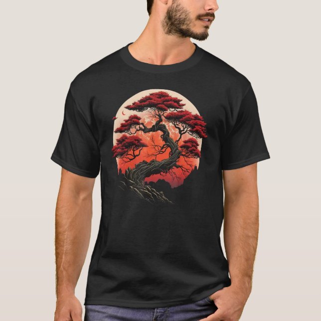 T-shirt Japanese Red Moon Miniature tree on Bonsai Tree (Devant)