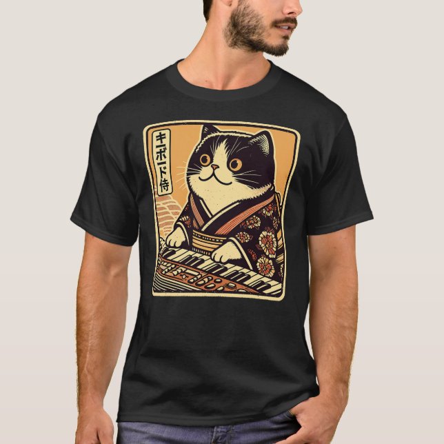 T-shirt Japanese Samurai Cat Playing The Keyboard (Devant)