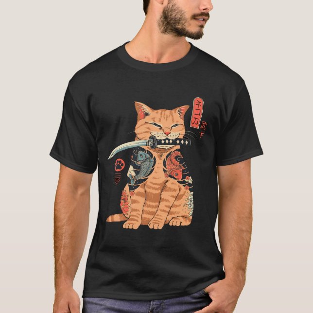 T-shirt Japanese Samurai Ninja Cat Kawaii Tattoo (Devant)