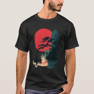 T-shirt Japanese Sunset Bonsai Lake Fisherman Silhouette L