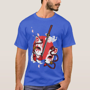 T-shirt Japon Masque Anime Kitsune Style Samurai Épée Oni 
